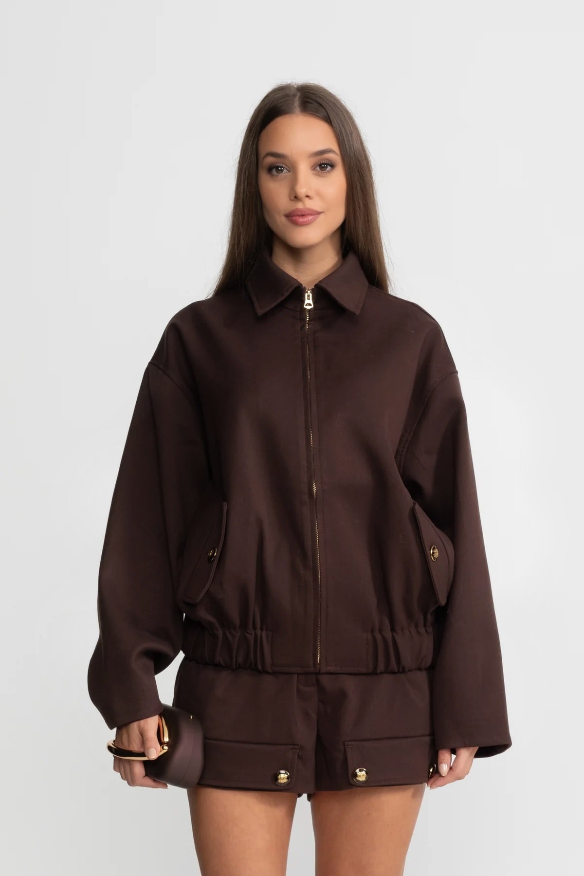 Fermuarlı Utility Ceket ve Mini Etek Takımı – Kahverengi