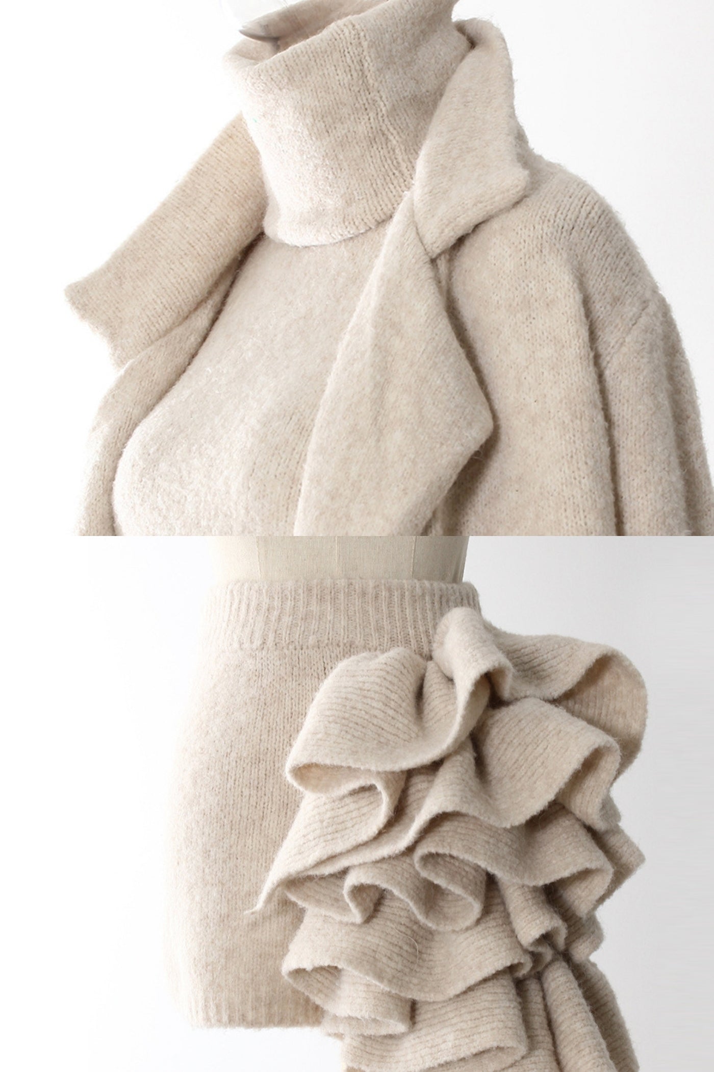 Üç Parçalı Volan Detaylı Triko Takım – Bej