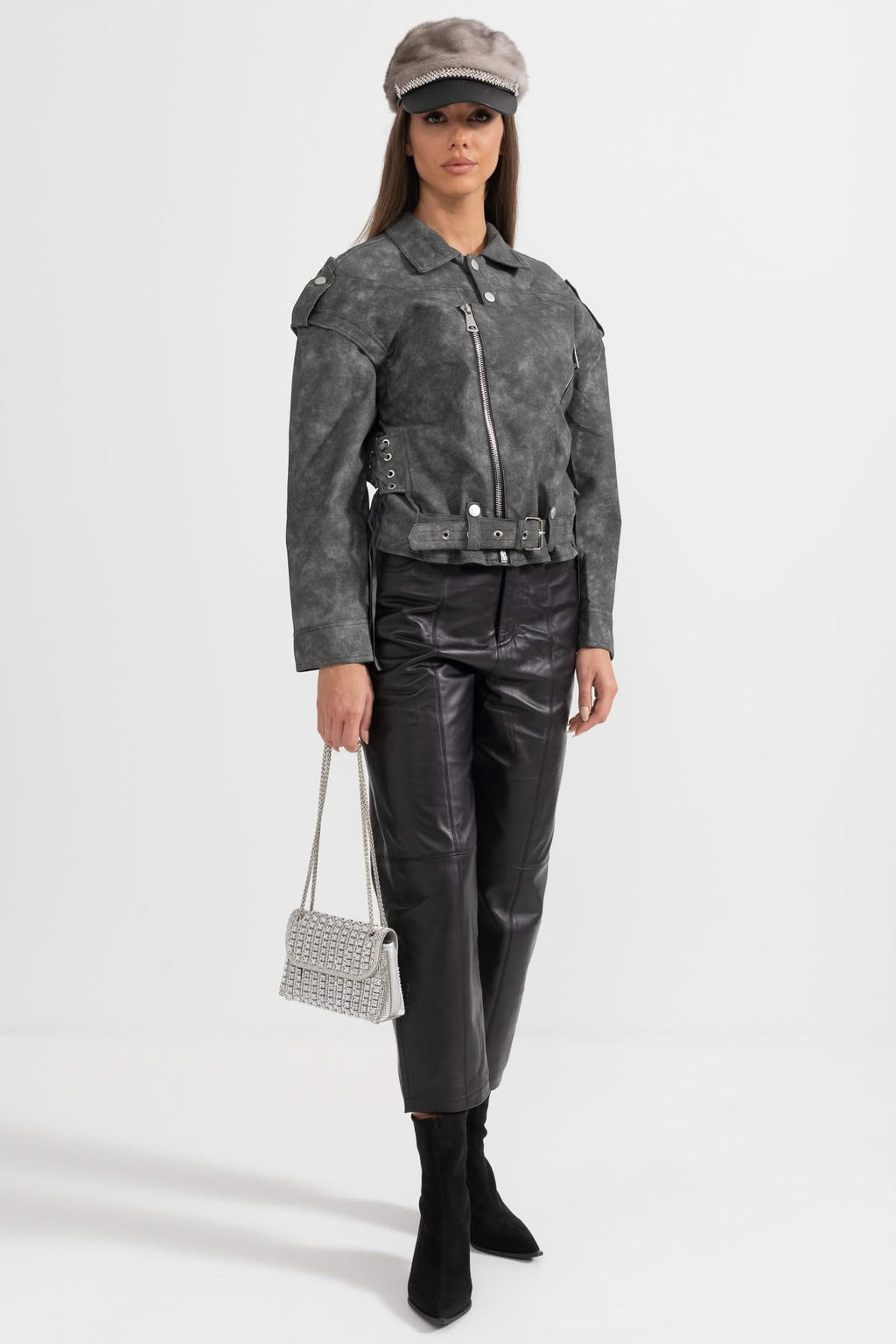 Dikiş Detaylı Vegan Deri Ceket – Antrasit