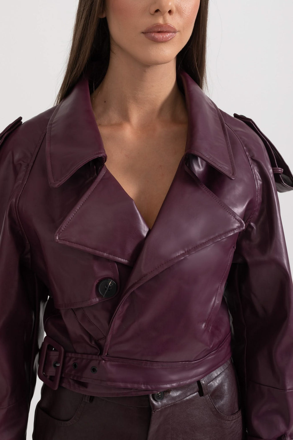 Çift Düğmeli Vegan Deri Ceket – Bordo