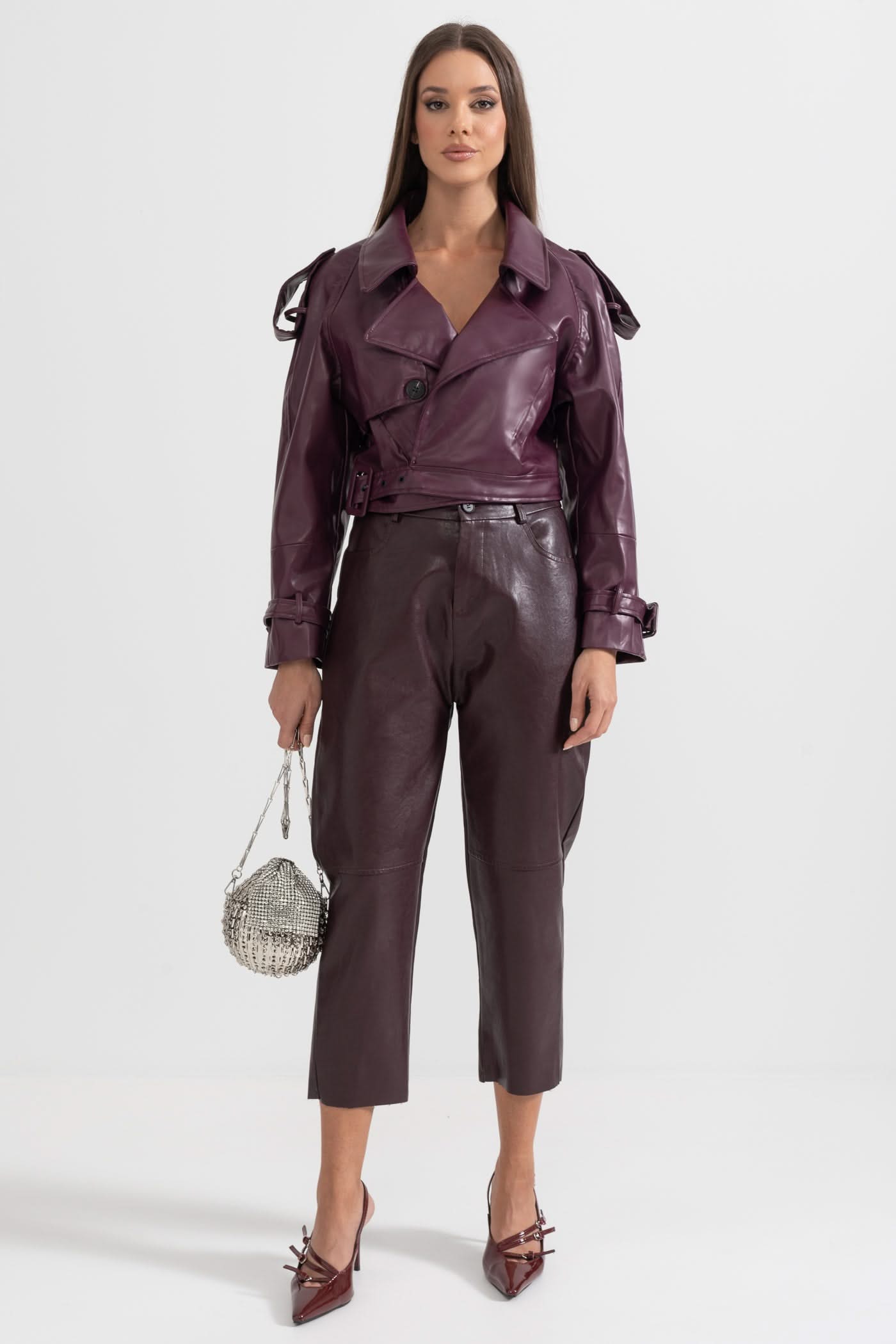 Çift Düğmeli Vegan Deri Ceket – Bordo