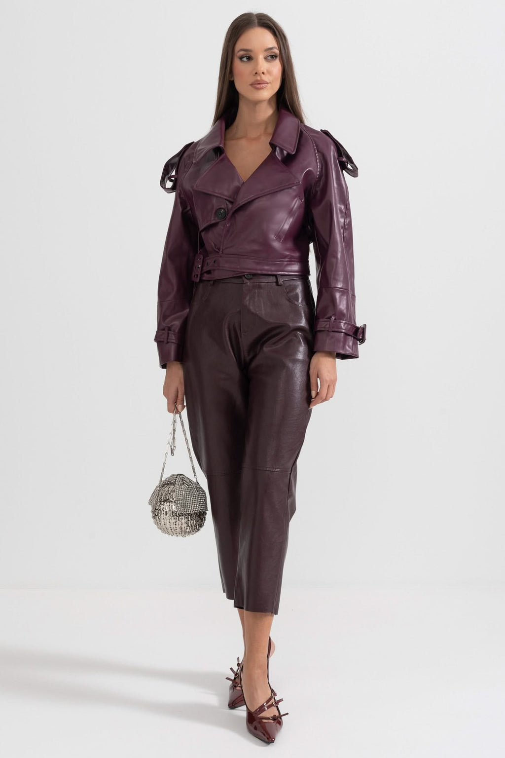 Çift Düğmeli Vegan Deri Ceket – Bordo