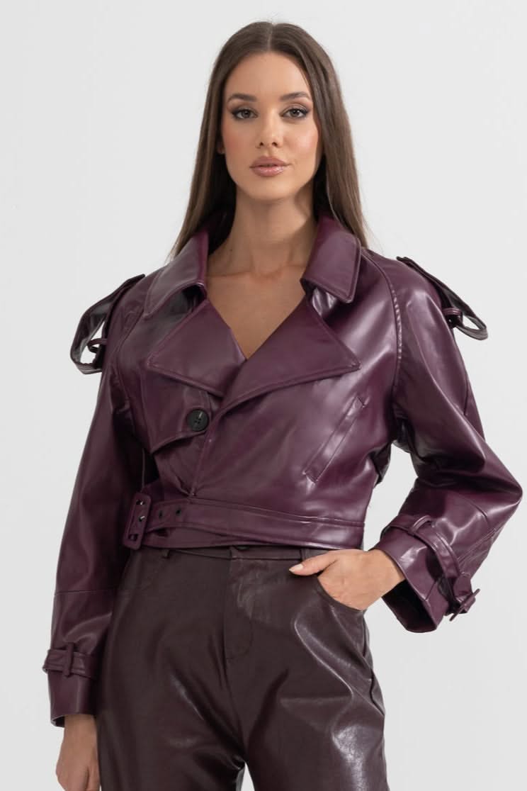 Çift Düğmeli Vegan Deri Ceket – Bordo