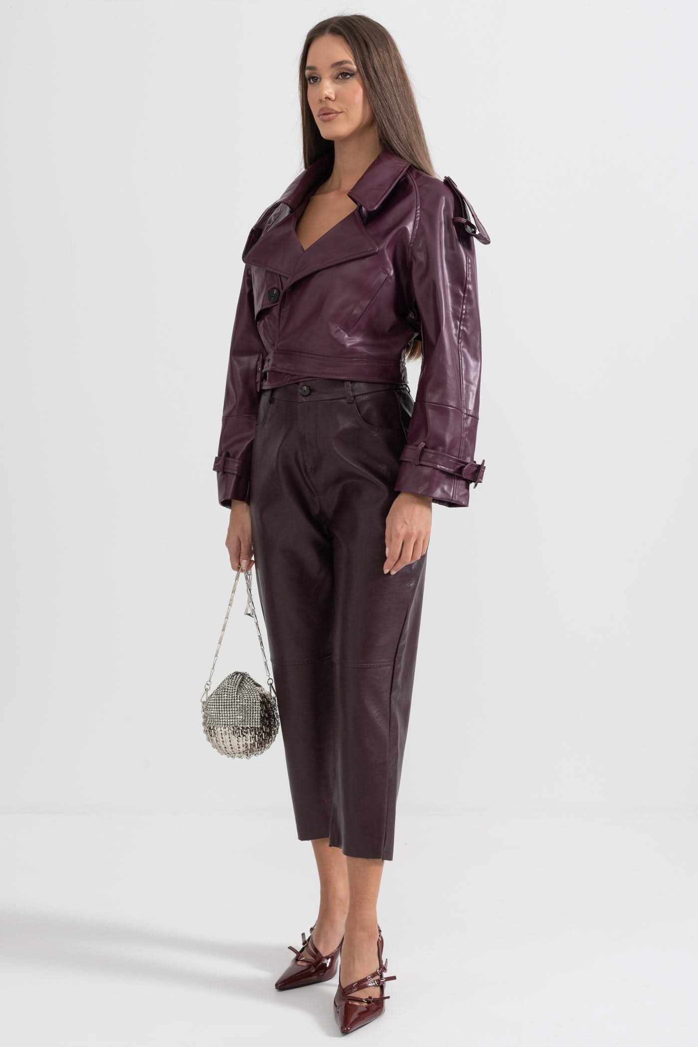 Çift Düğmeli Vegan Deri Ceket – Bordo