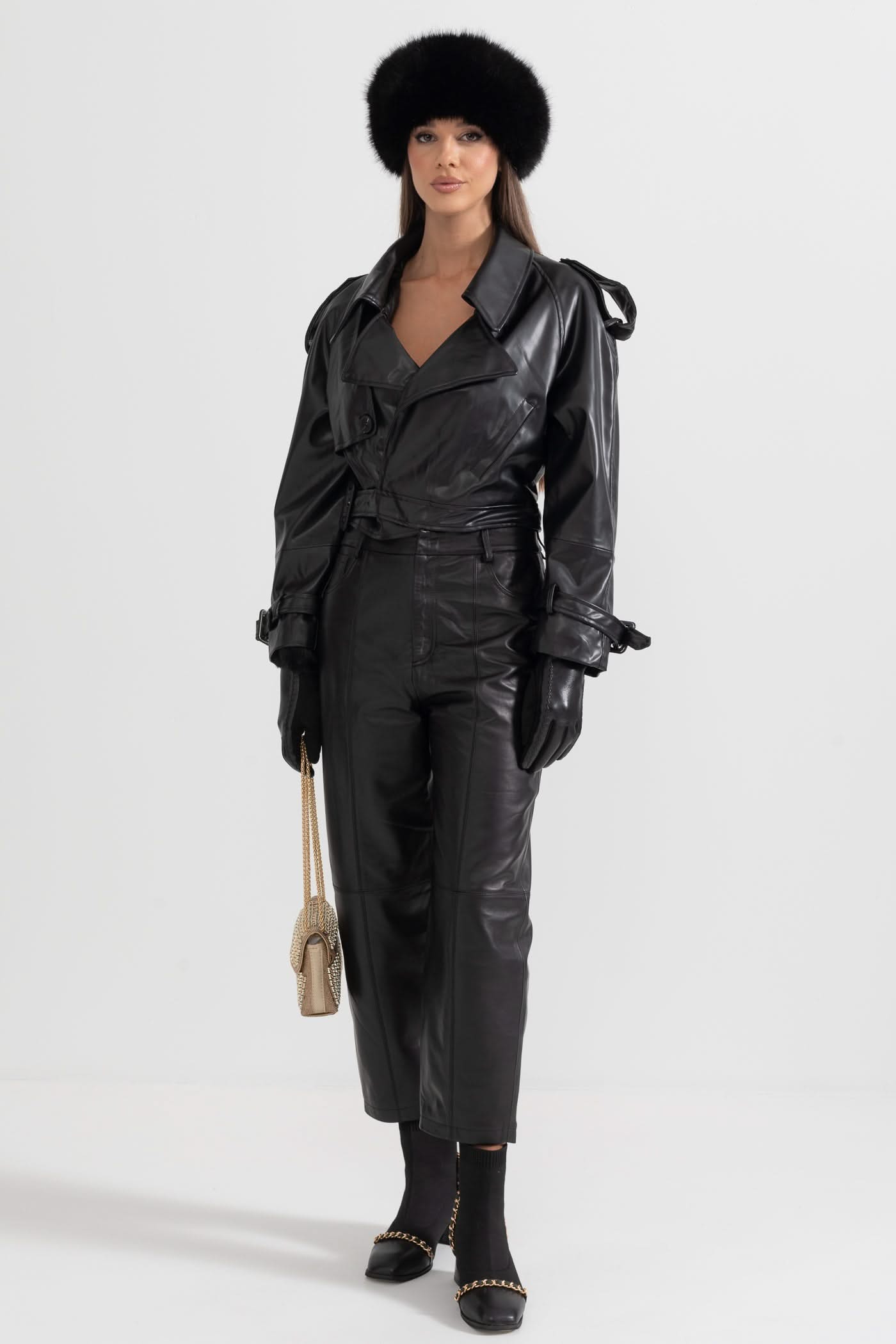 Çift Düğmeli Vegan Deri Ceket – Siyah