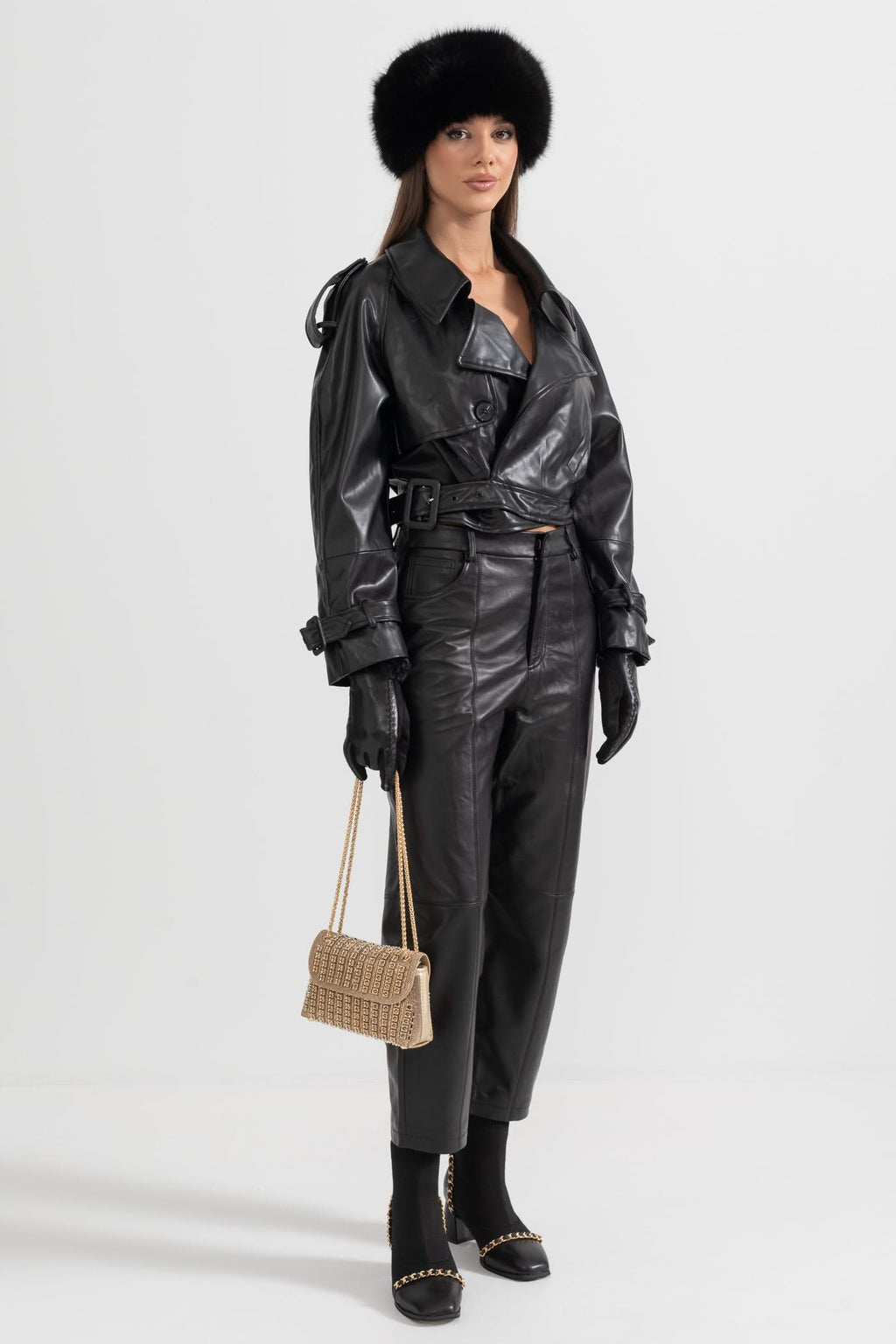 Çift Düğmeli Vegan Deri Ceket – Siyah