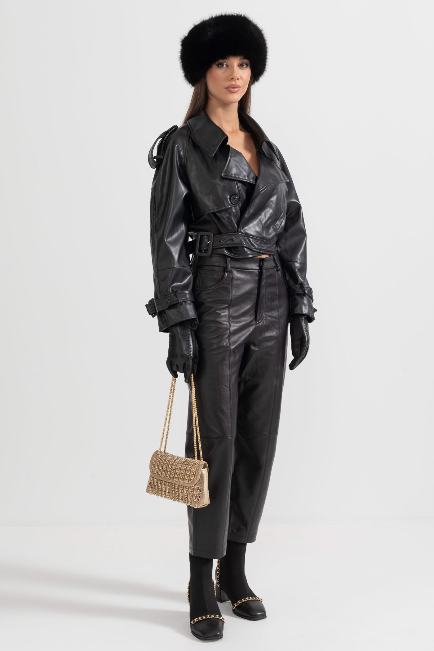 Çift Düğmeli Vegan Deri Ceket – Siyah