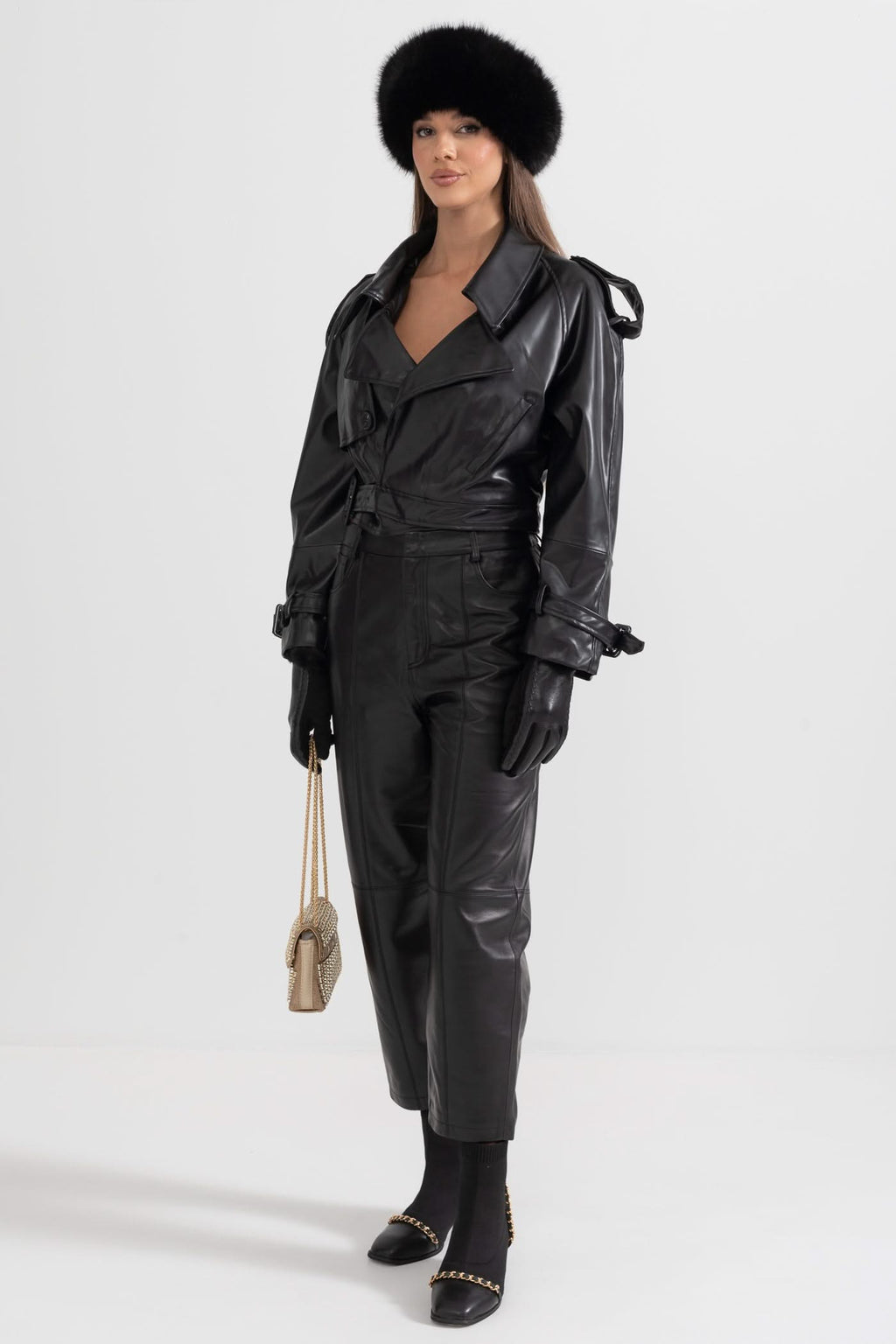 Çift Düğmeli Vegan Deri Ceket – Siyah