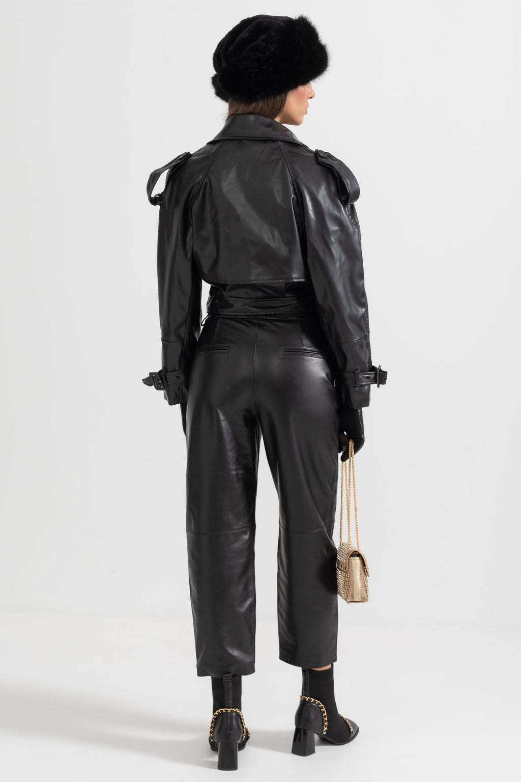 Çift Düğmeli Vegan Deri Ceket – Siyah