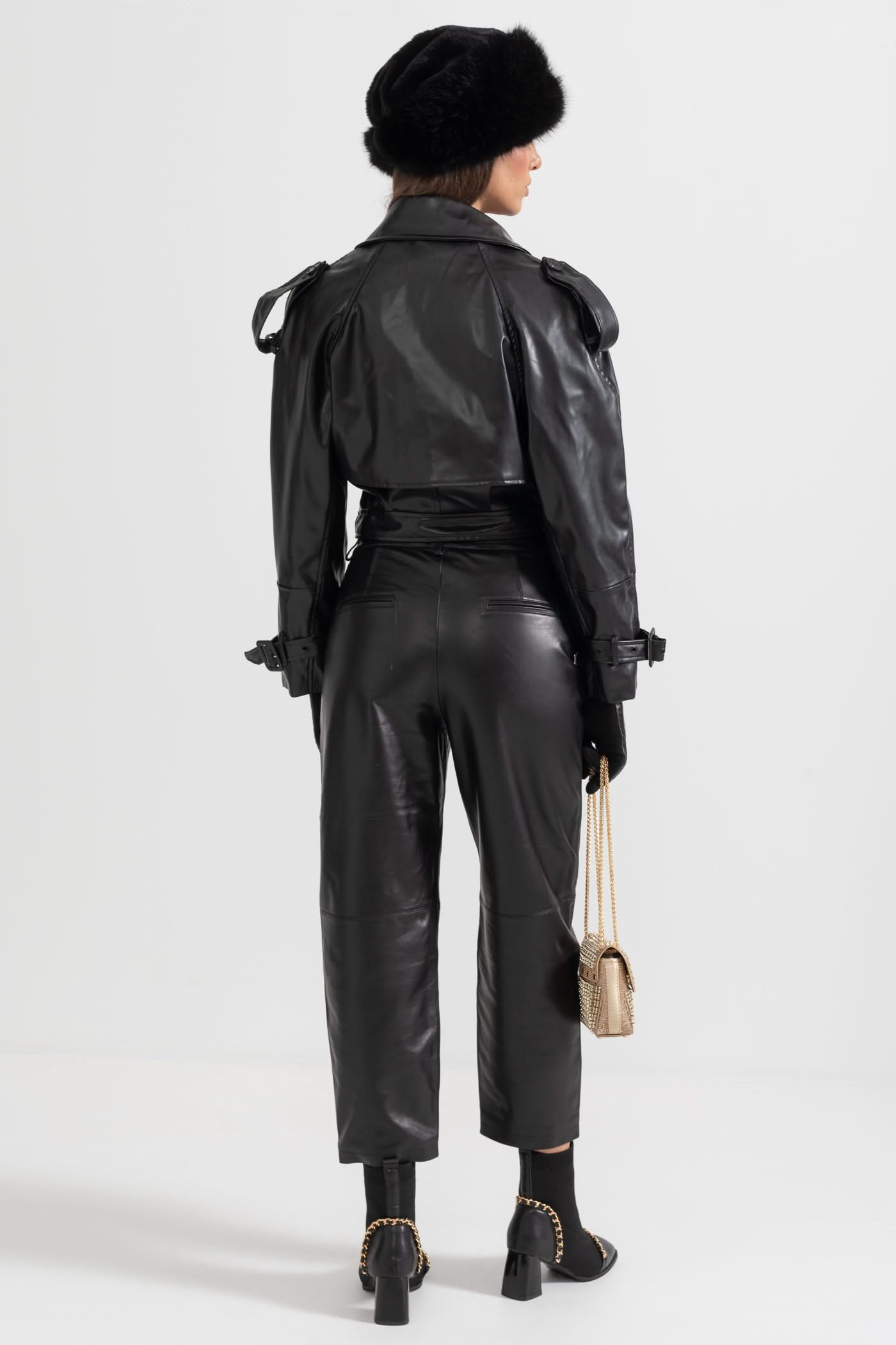 Çift Düğmeli Vegan Deri Ceket – Siyah