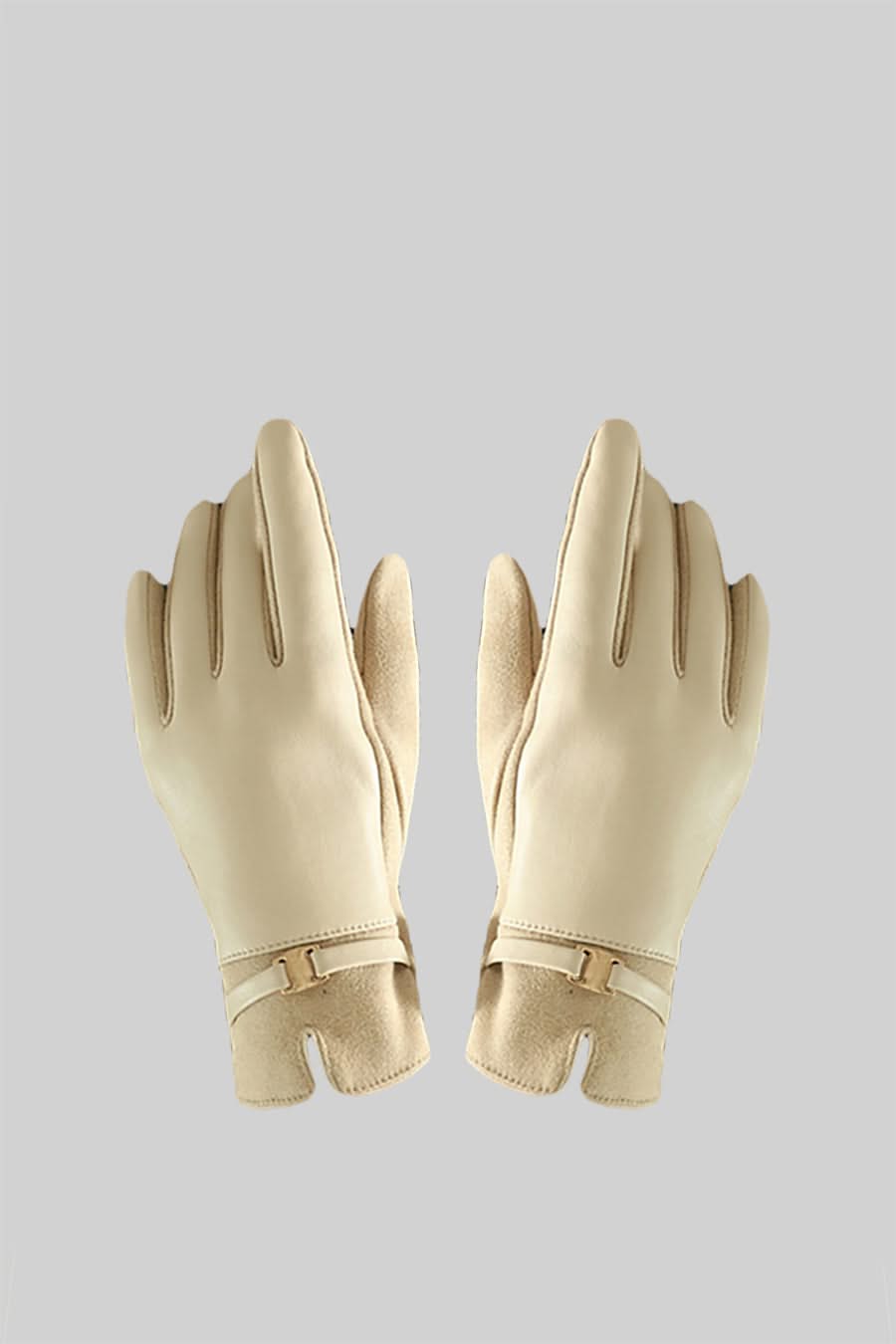Altın Tokalı Vegan Deri ve Süet Eldiven – Bej