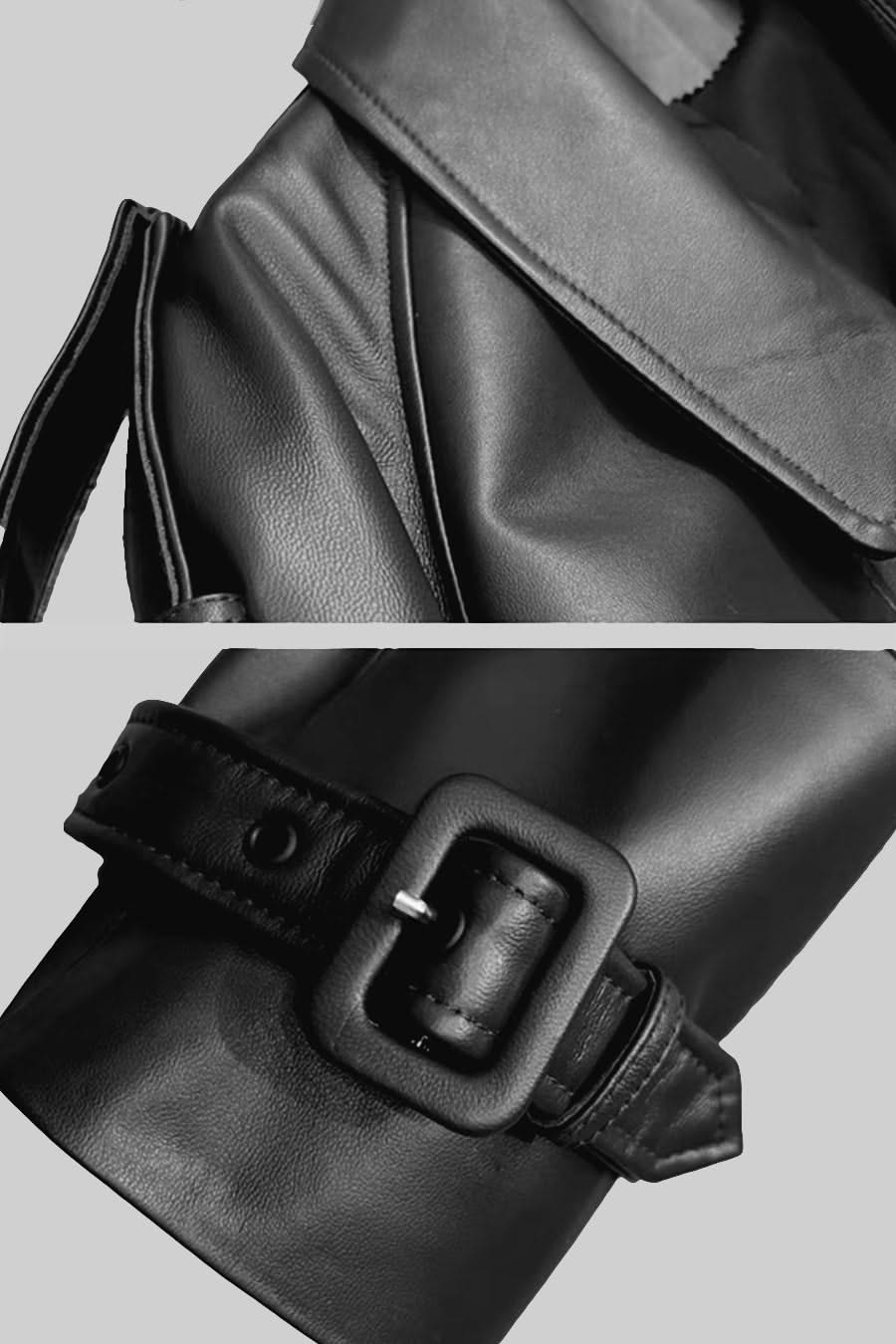 Çift Düğmeli Vegan Deri Ceket – Siyah