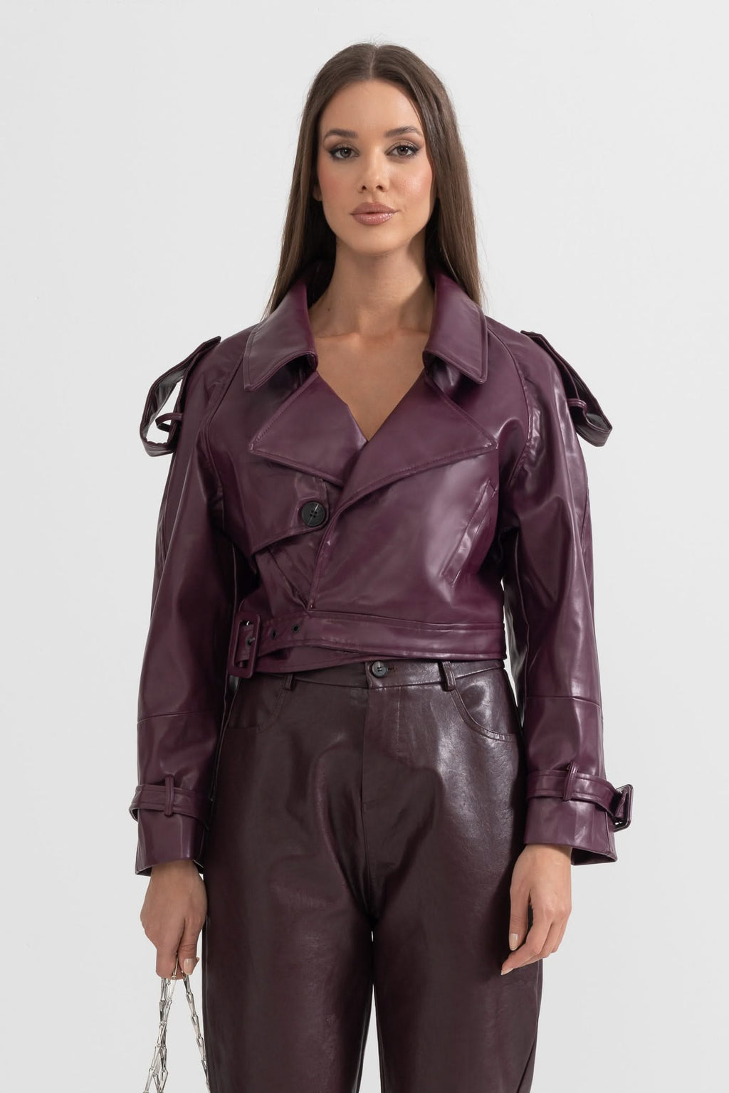 Çift Düğmeli Vegan Deri Ceket – Bordo