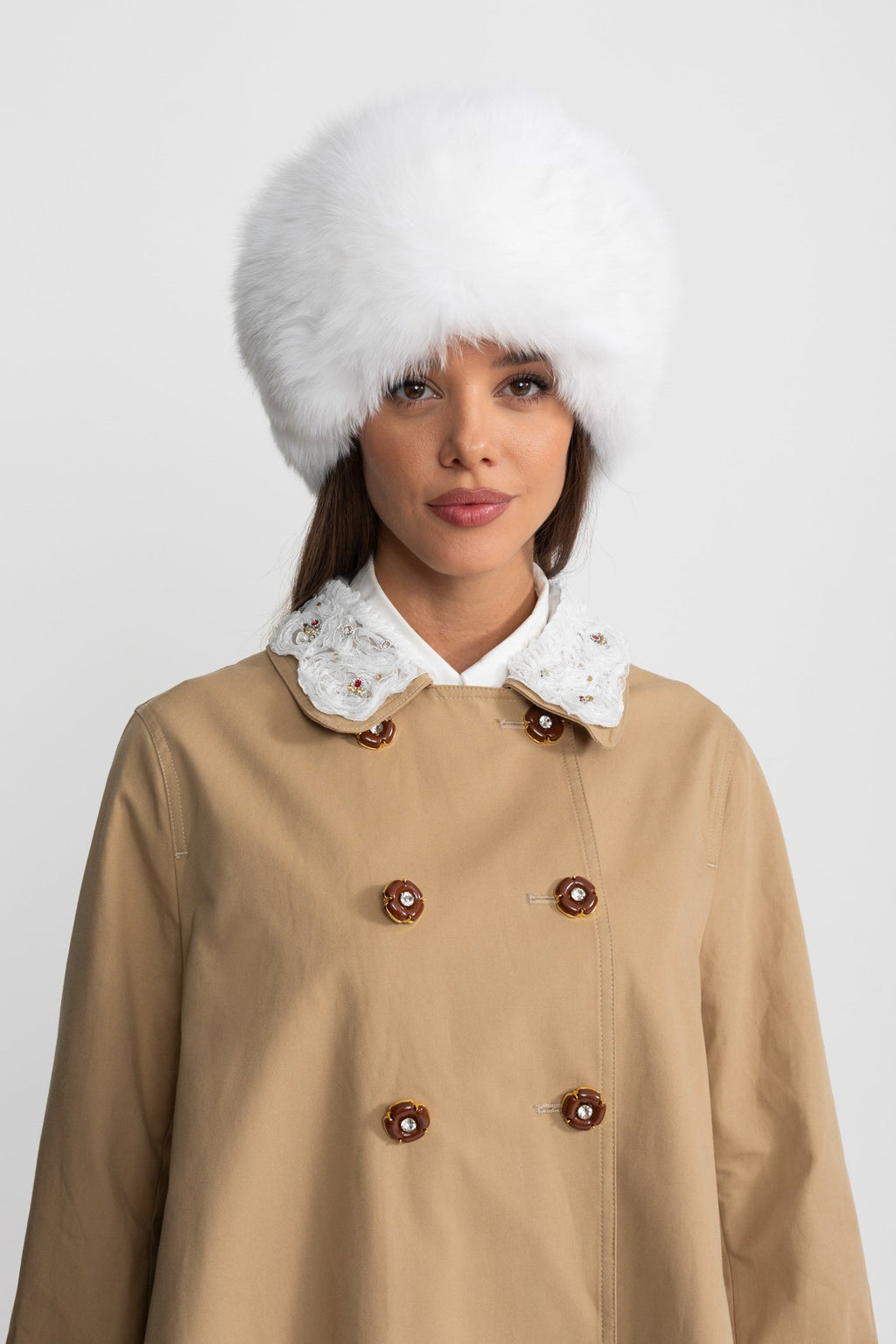 Nakışlı Yaka Detaylı A Form Trenç Mini Elbise – Camel