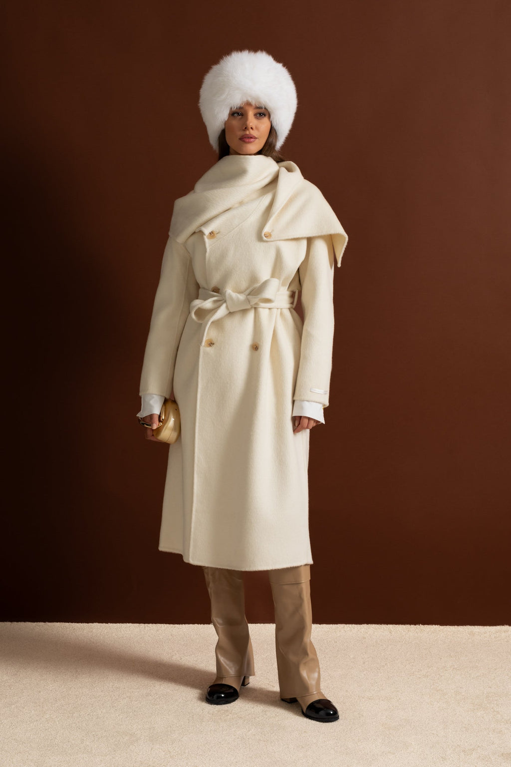 Oversize Şal Yakalı Maxi Kaban – Bej