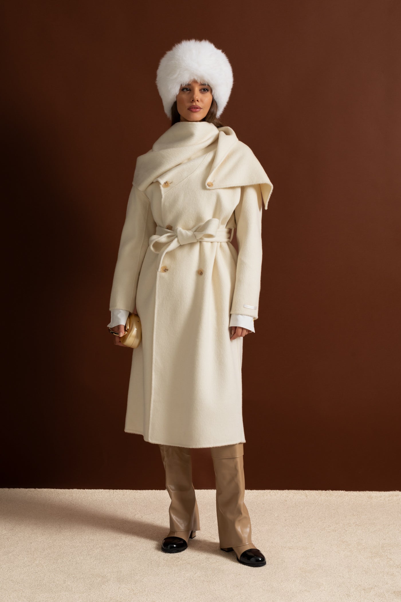 Oversize Şal Yakalı Maxi Kaban – Bej