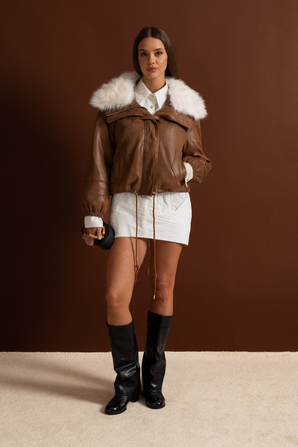 Kürk Yakalı Kısa Süet Ceket – Kahverengi