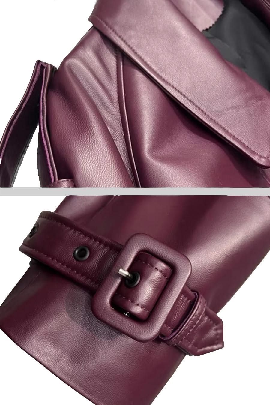 Çift Düğmeli Vegan Deri Ceket – Bordo